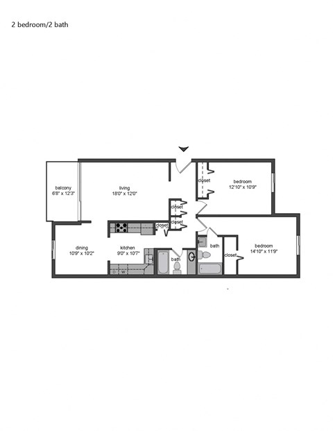 Floor plan for 2 beds, 2 baths, 1022 sqft